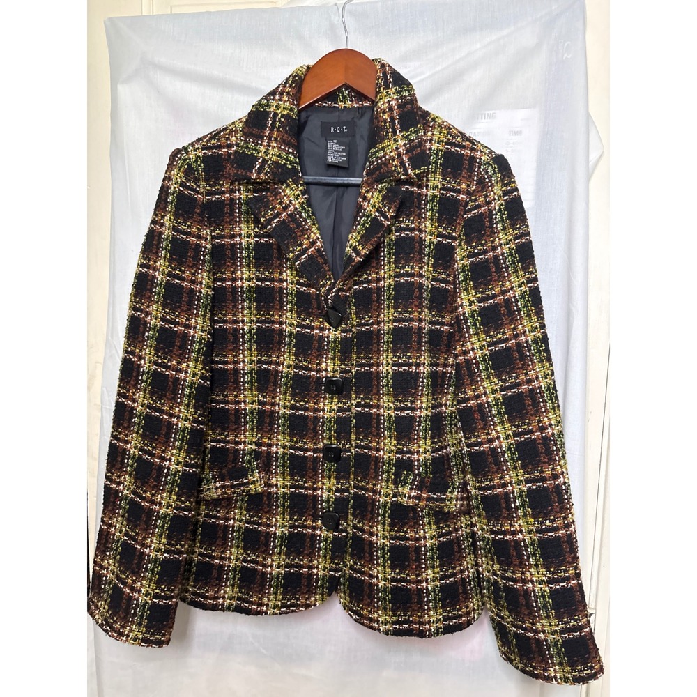 RQT Womens Plaid Wool Blend Tweed Blazer Jacket Brown Green Gold Size 12 RN57895